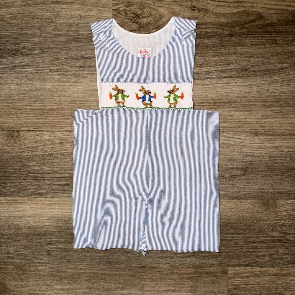 Smocked or Not Bunny Shortall 2T Blue Seersucker Smocked Easter